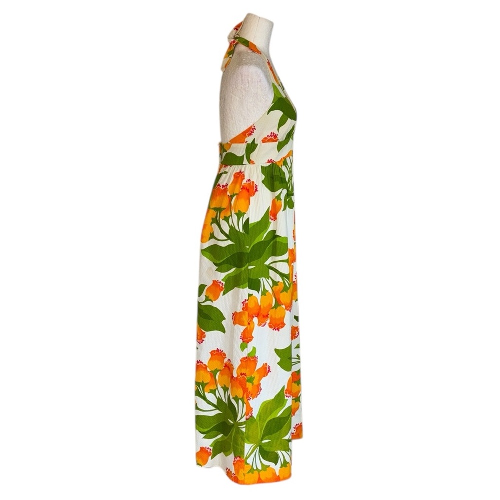 Vintage Malia Honolulu 1960s 70s Orange Green Floral Halter Neck Maxi Dress - S - Picture 5 of 12